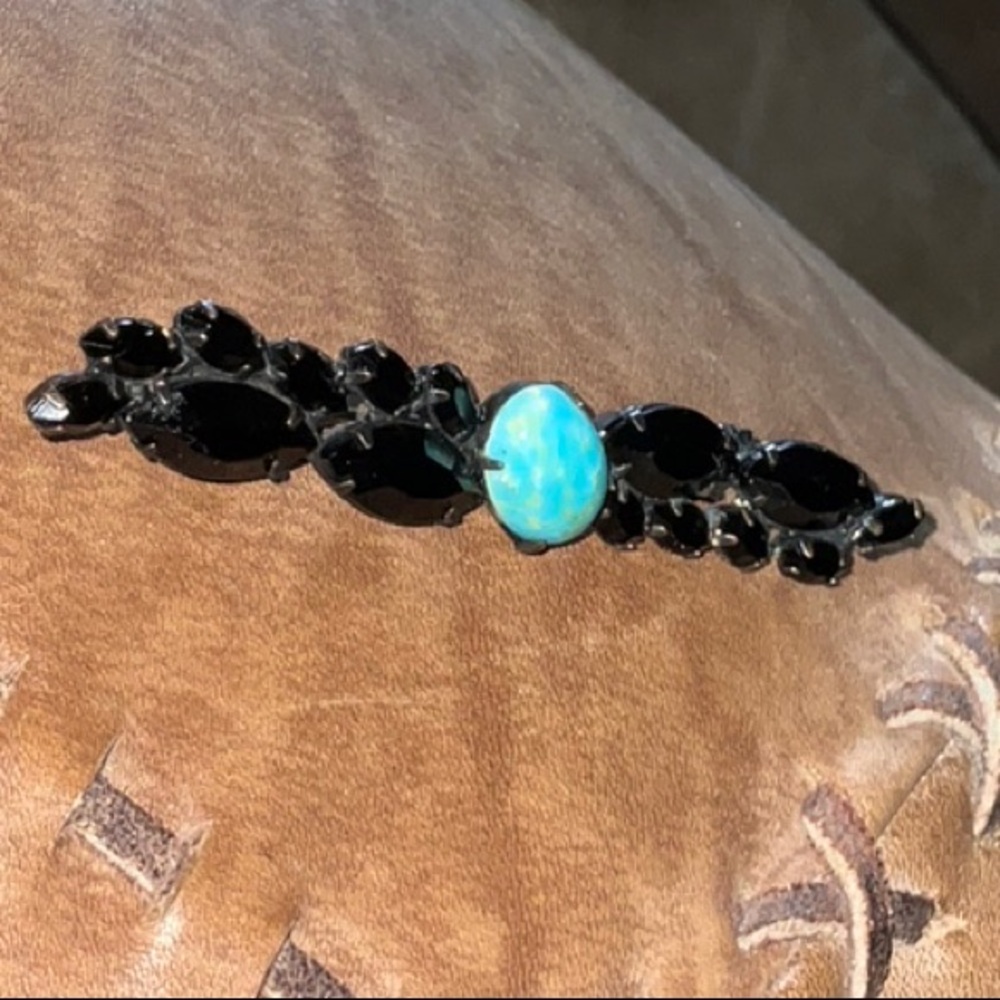 Weiss Black Metal and Beads with Faux Turquoise Brooch Pin Vintage